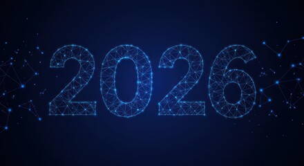 Digital illustration of the year 2026 in a futuristic blue network style.