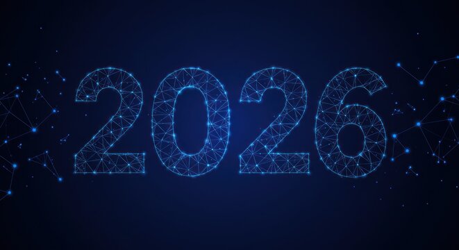Digital illustration of the year 2026 in a futuristic blue network style.