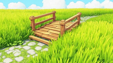 Rustic Wooden Bridge in a Sunny Yellow Field under a Partly Cloudy Sky