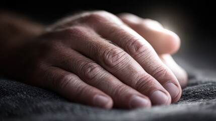 Fototapeta premium Close-up of a human hand resting on a dark surface.