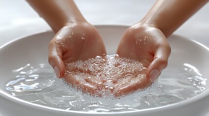 Fototapeta premium Washing Hands in Water with a White Bowl for Cleanliness