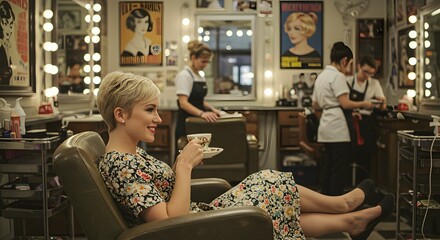Vintage Hair Salon A Woman Relaxes with Tea, Enjoying a Retro Hair Styling Experience