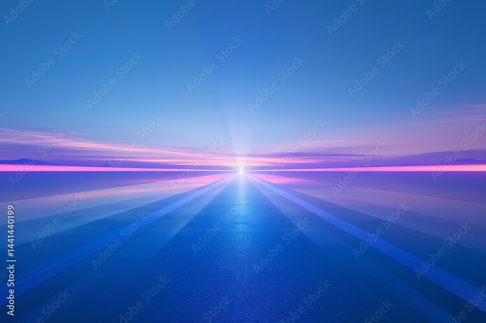 Poster 青い夕焼け空と水面の美しい風景 輝く光が地平線へと広がる幻想的な情景