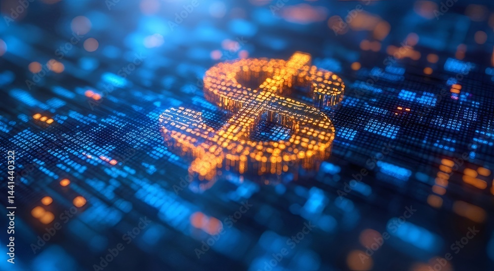 Aufkleber デジタル表示されたオレンジ色のドル記号が青色のデジタル背景に浮かび上がる金融概念