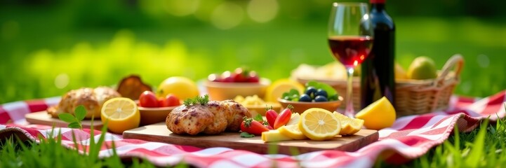 Close up of picnic spread on green grass with food and wine glasses, wine, glasses, summer