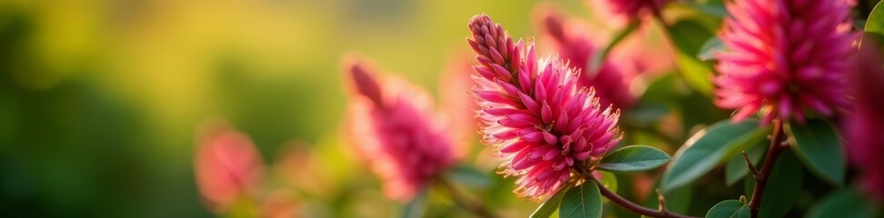 Close-up of pink bottlebrush flowers on bush in soft afternoon sunlight, native, bottlebrush, close-up
