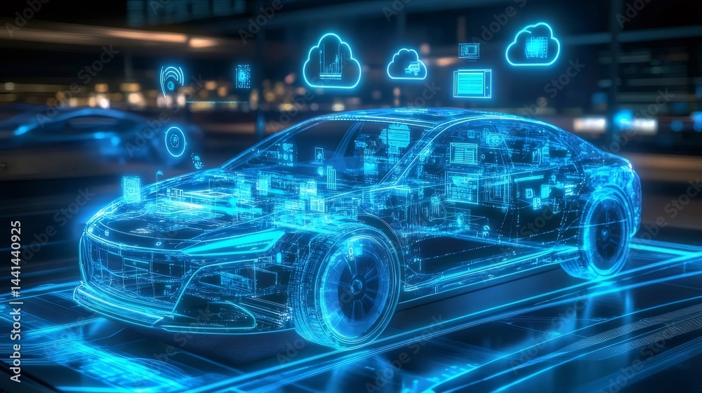 Aufkleber 青色光の未来的な自動車のデジタルイラスト 複雑なインフラと接続性を示す背景