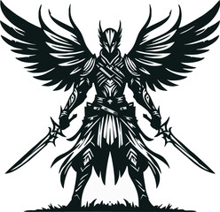 Winged Warrior Stands Powerfully Wielding Swords In A Bold Black And White Vector Illustration
