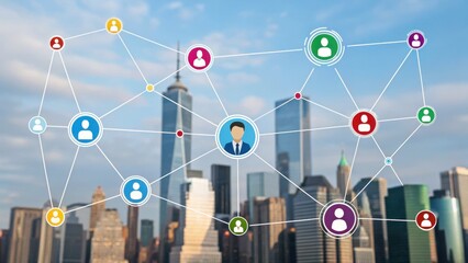 Business network connections illustrated over a city skyline, symbolizing professional communication and social networking.