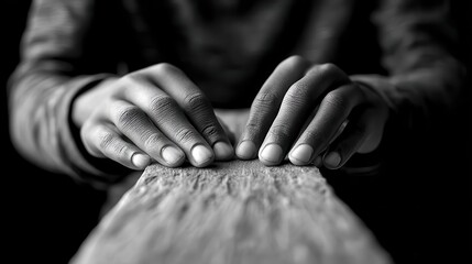 Close-up view of hands working with a wooden plank.