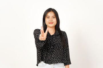 Showing Counting Finger Of Beautiful Asian Woman Wearing black Isolated On White Background