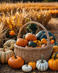 Neutral Outdoor Scene with Wicker Basket Filled with Pumpkins, Gourds, and Cornstalks