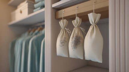 Natural fabric bags containing organic products displayed in a modern closet setup showcasing eco-friendly living