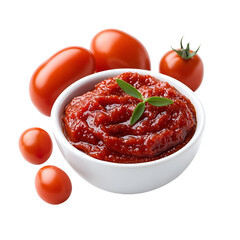 Delicious tomato sauce in a white bowl with fresh tomatoes