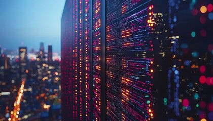 Night city view with glowing server rack