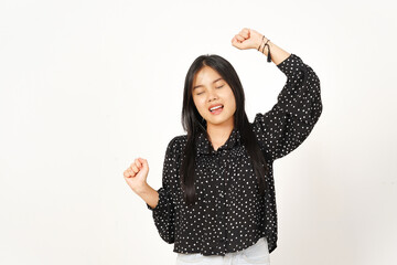 Dancing and Happy Of Beautiful Asian Woman Wearing black Isolated On White Background