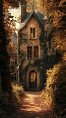 Obraz premium Stone house in the woods. Entrance to the home.