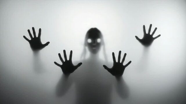 Silhouette of a zombie hand on white background in slow motion, scarey