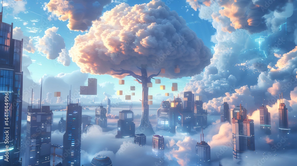Poster 空に浮かぶ都市と巨大な木 幻想的なデジタルアート 青と白の光景