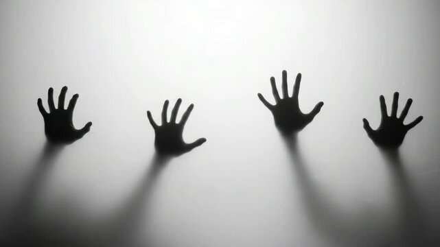 Silhouette of a zombie hand on white background in slow motion, scarey