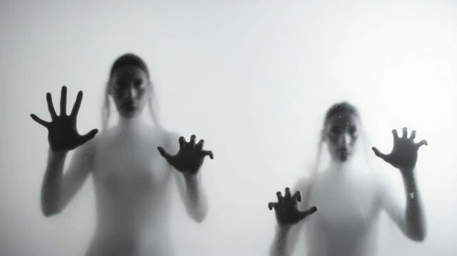 Silhouette of a zombie hand on white background in slow motion, scarey