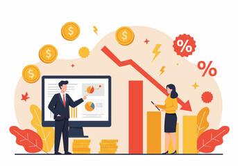 Flat illustration of financial decline & market downturn, with professionals analyzing negative trends & economic challenges. emphasizes risk assessment and financial planning for loose and bankrupt