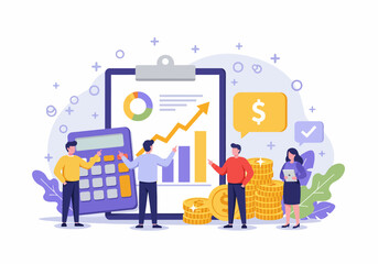 Flat illustration of financial growth and business success, with team analyzing positive trends and investment opportunities. highlights modern approach to financial management and strategic planning