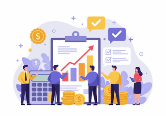 Flat illustration of financial growth and business success, with team analyzing positive trends and investment opportunities. highlights modern approach to financial management and strategic planning