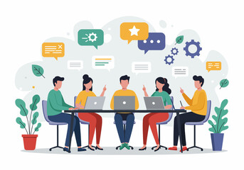 Flat illustration of a creative brainstorming session with a team of professionals around a table, discussing ideas and workflow improvements. highlights collaboration, strategic thinking in business