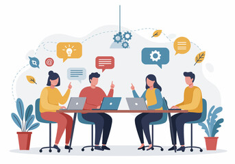 Flat illustration of a creative brainstorming session with a team of professionals around a table, discussing ideas and workflow improvements. highlights collaboration, strategic thinking in business