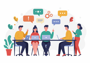 Flat illustration of a creative brainstorming session with a team of professionals around a table, discussing ideas and workflow improvements. highlights collaboration, strategic thinking in business