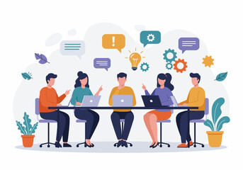 Flat illustration of a creative brainstorming session with a team of professionals around a table, discussing ideas and workflow improvements. highlights collaboration, strategic thinking in business