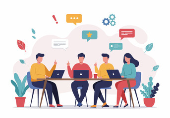 Flat illustration of a creative brainstorming session with a team of professionals around a table, discussing ideas and workflow improvements. highlights collaboration, strategic thinking in business