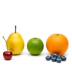 Vibrant Colorful Fruit Still Life Photography Cherries, Pears, Limes, Oranges, and Blueberries