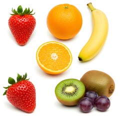 Fototapeta premium Vibrant Collection of Fresh Fruits Strawberries, Oranges, Bananas, Kiwis, and Grapes - Perfect for Healthy Recipes and Visual Appeal