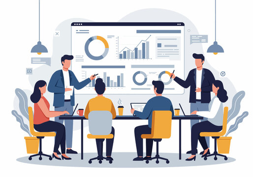 Flat illustration of a business meeting with a presenter explaining data on a whiteboard to colleagues. The scene is set in a modern office environment, highlighting teamwork, collaboration