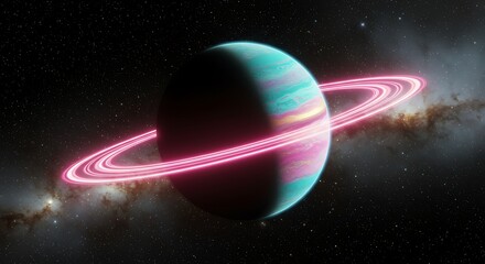 Vibrant alien planet with neon pink rings in outer space surrounded by stars and galactic clouds