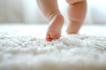 close-up of a baby taking first steps on a soft white textured surface with natural soft lighting conveying warmth and innocence