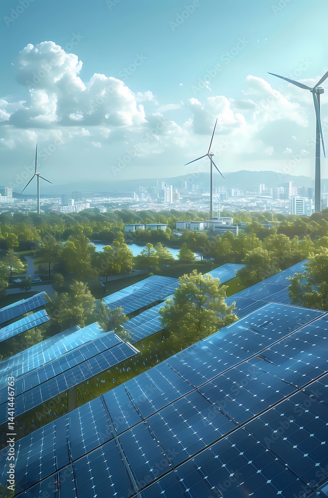 Aufkleber 青い太陽光発電パネルと風力タービンが緑豊かな木々の中にそびえ立つ都市景観のクリーンエネルギーの風景