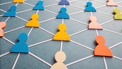 Colorful cutouts of people connected by lines symbolize networking and social connections on a tiled surface.