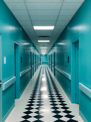 Long, empty hospital corridor with teal walls and black and white checkered floor.