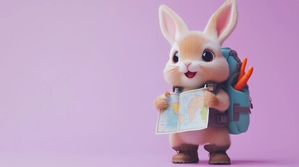 Fototapeta premium Playful bunny rabbit wearing miniature hiking outfit, tiny boots, backpack with carrot sticking out, map in paws, eager expression with twitching nose, soft pastel purple background