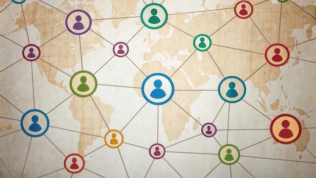 A connected network of colorful user icons overlaid on a world map, symbolizing global communication and social networking.