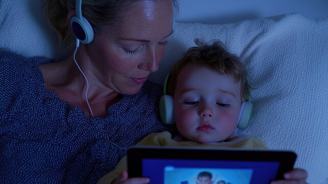 Mother and child enjoy bedtime stories on a tablet