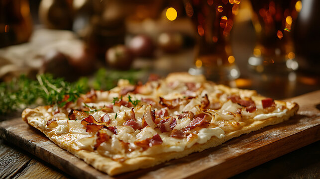 Alsatian tarte flamb&eacute;e with cr&egrave;me fra&icirc;che, onions, and bacon, on a wooden board.