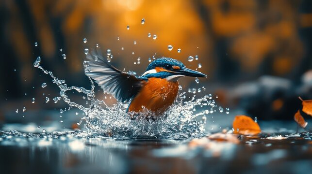 Kingfisher Diving Autumn Water Splash.
