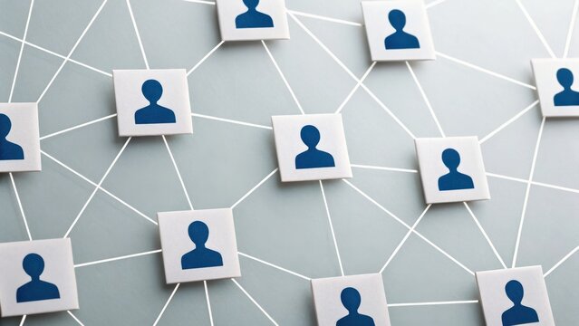 Abstract network of connected people icons symbolizing social or professional networking on a light background.