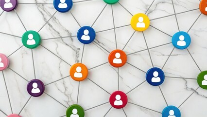 Colorful network of connected user icons on a marble background, representing communication and social networking.