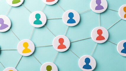 Colorful icons of people are connected by lines, representing a network or social connections on a...