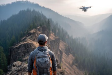 Obraz premium Man gazes at a drone flying above a mountainous landscape.